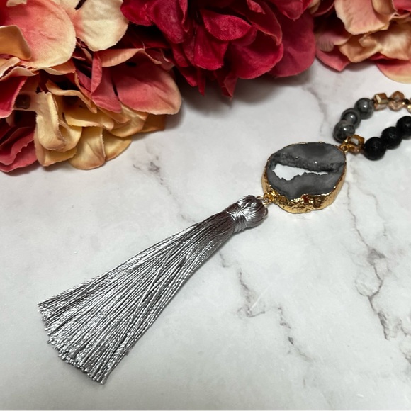 Natural Stone Necklace with Gold Dipped Gray Agate Geode Druzy Pendant & Tassel - Picture 7 of 16